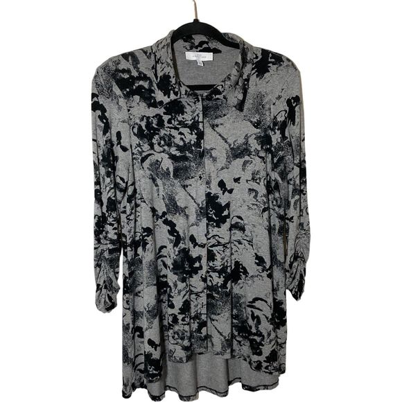 New Directions Large Gray/Black Tunic Shirt/Dress High/Low Hem 3/4 Ruched Sleeve - Picture 1 of 8